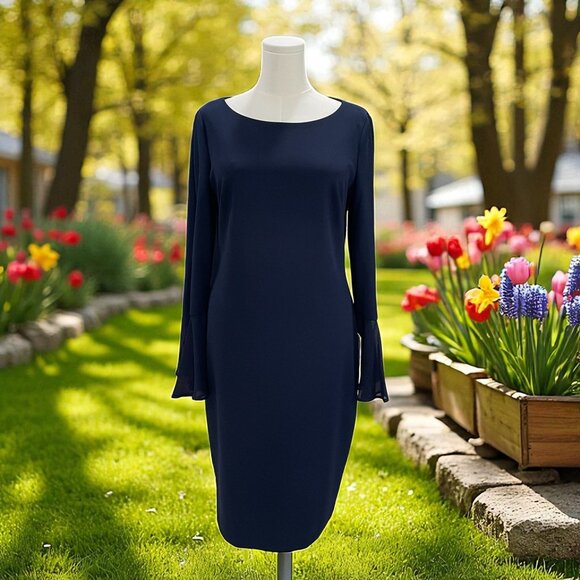 Calvin Klein Navy Sheath Dress Bell Sleeve Cocktail Party Wedding Guest Size 14 - Picture 1 of 10